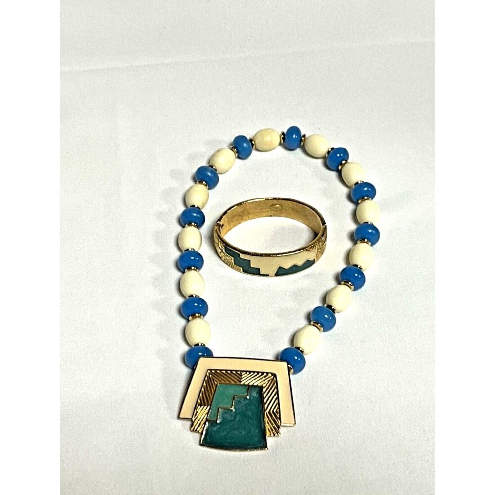 Trifari Aztec Geometric Necklace & Bracelet Set Gold Turquoise Blue Cream Enamel